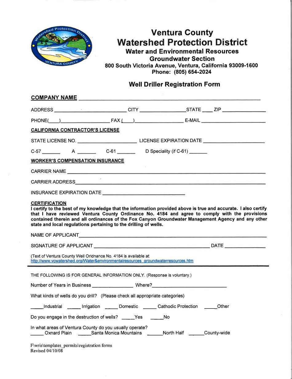 Well Driller Registration Form - County of Ventura, California, Page 1