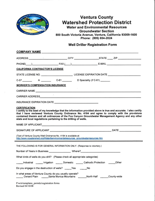 Well Driller Registration Form - County of Ventura, California Download Pdf