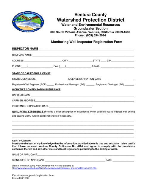 Monitoring Well Inspector Registration Form - County of Ventura, California Download Pdf