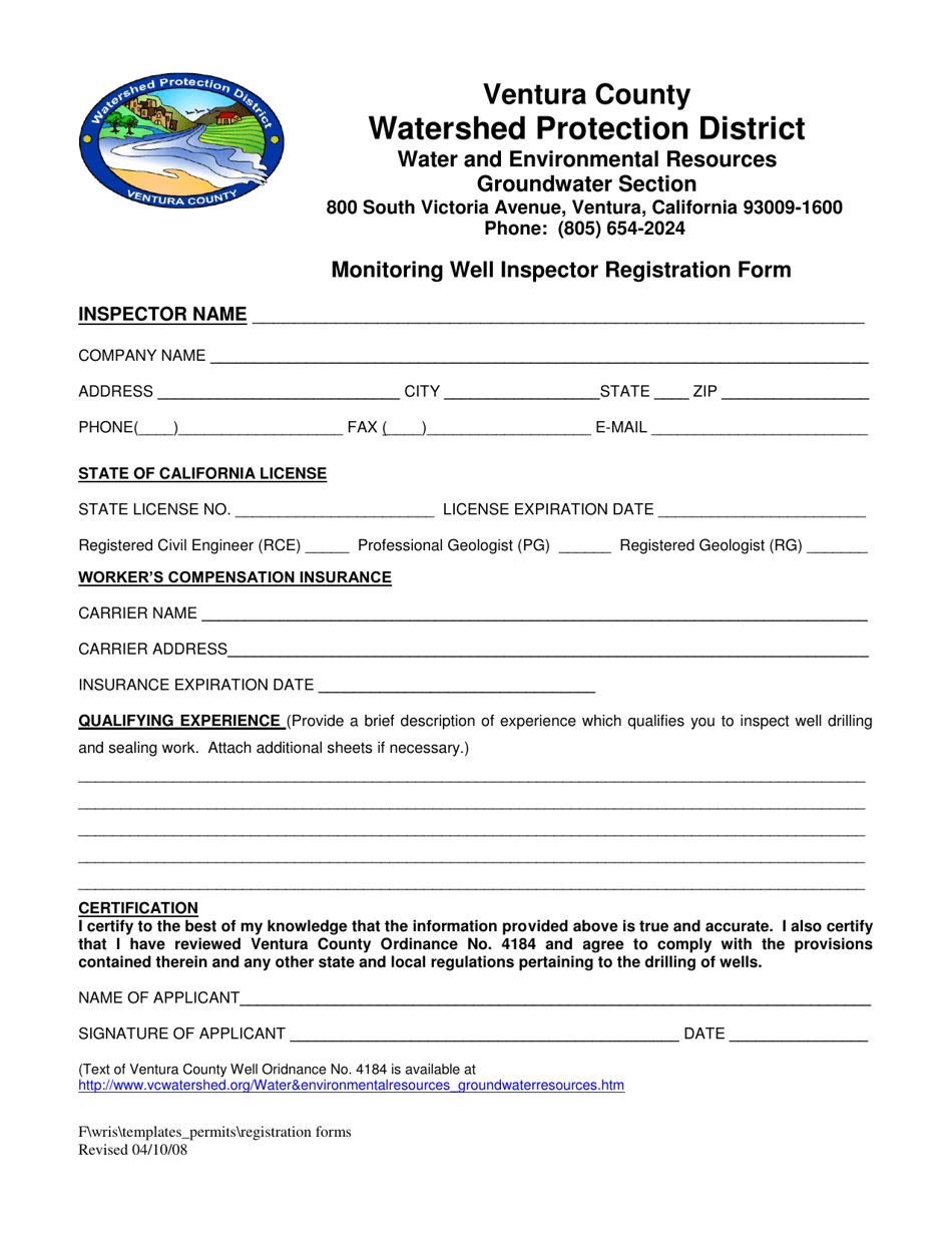 Monitoring Well Inspector Registration Form - County of Ventura, California, Page 1