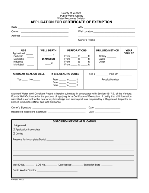Application for Certificate of Exemption - County of Ventura, California Download Pdf