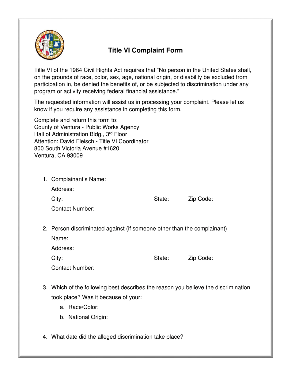 Title VI Complaint Form - County of Ventura, California, Page 1