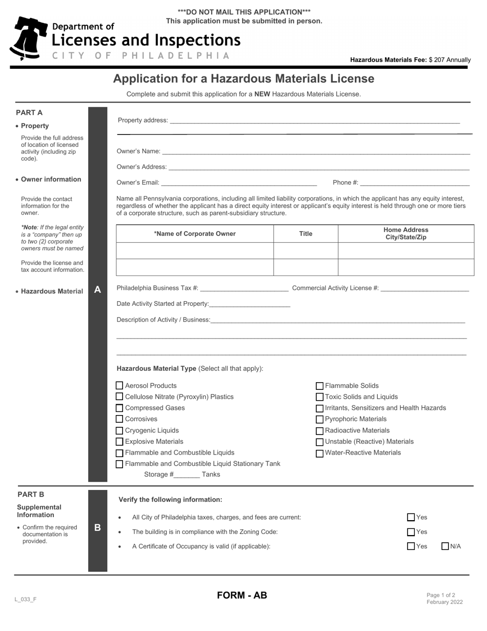 Form AB (L_033_F) Application for a Hazardous Materials License - City of Philadelphia, Pennsylvania, Page 1