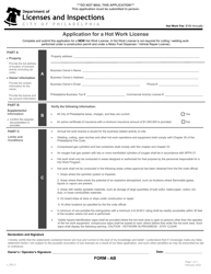 Form AB (L_035_F) &quot;Application for a Hot Work License&quot; - City of Philadelphia, Pennsylvania