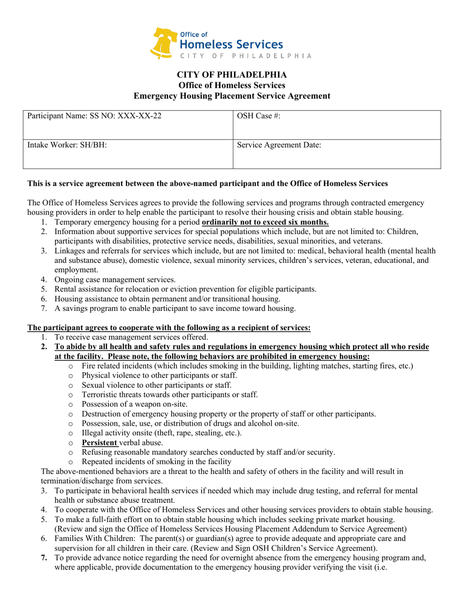 Emergency Housing Placement Service Agreement - City of Philadelphia, Pennsylvania, Page 1