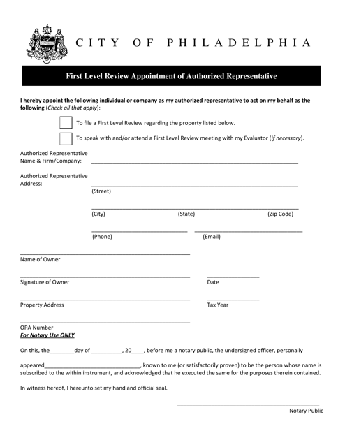 First Level Review Appointment of Authorized Representative - City of Philadelphia, Pennsylvania Download Pdf