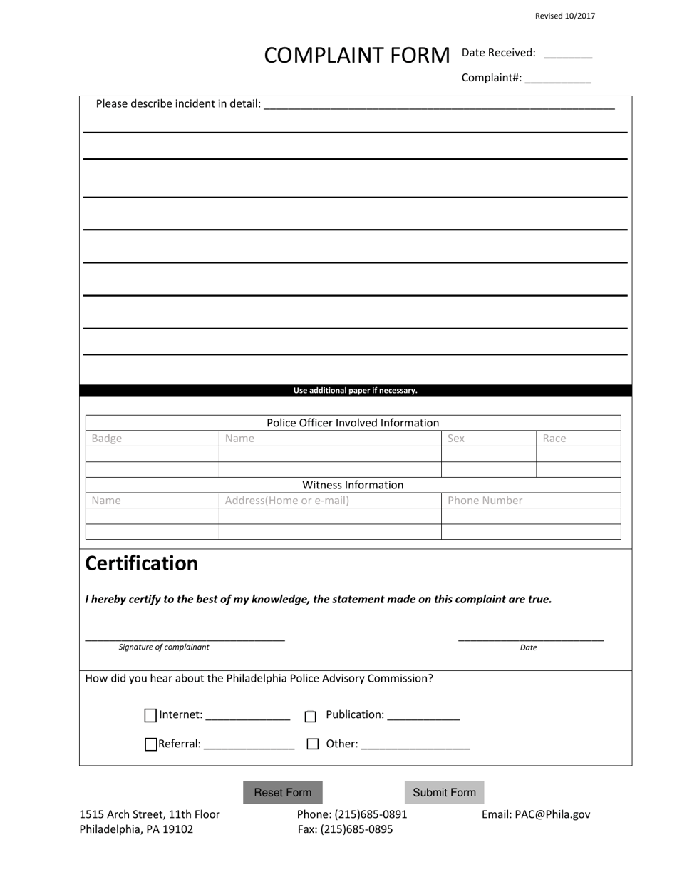 Complaint Form - City of Philadelphia, Pennsylvania, Page 2