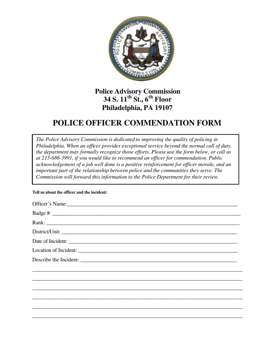 Police Officer Commendation Form - City of Philadelphia, Pennsylvania, Page 1