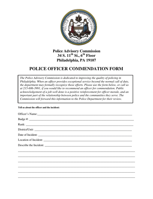 Police Officer Commendation Form - City of Philadelphia, Pennsylvania Download Pdf