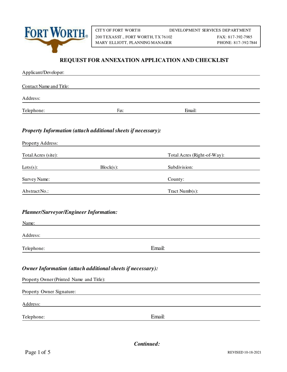 Request for Annexation Application and Checklist - City of Fort Worth, Texas, Page 1