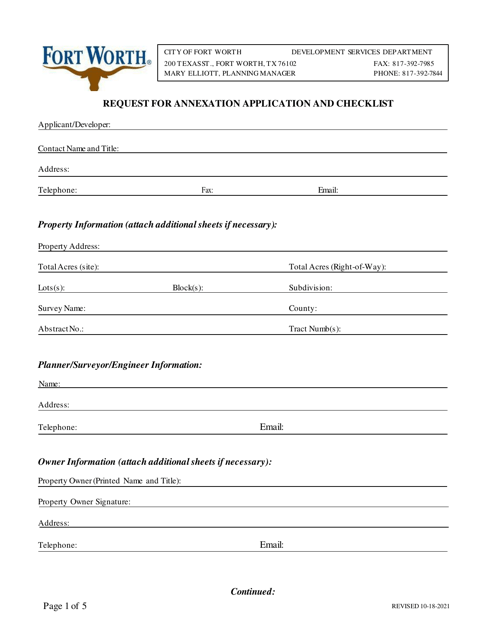 Request for Annexation Application and Checklist - City of Fort Worth, Texas Download Pdf