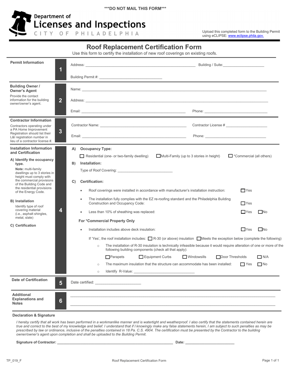 Form TP_019_F Roof Replacement Certification Form - City of Philadelphia, Pennsylvania, Page 1