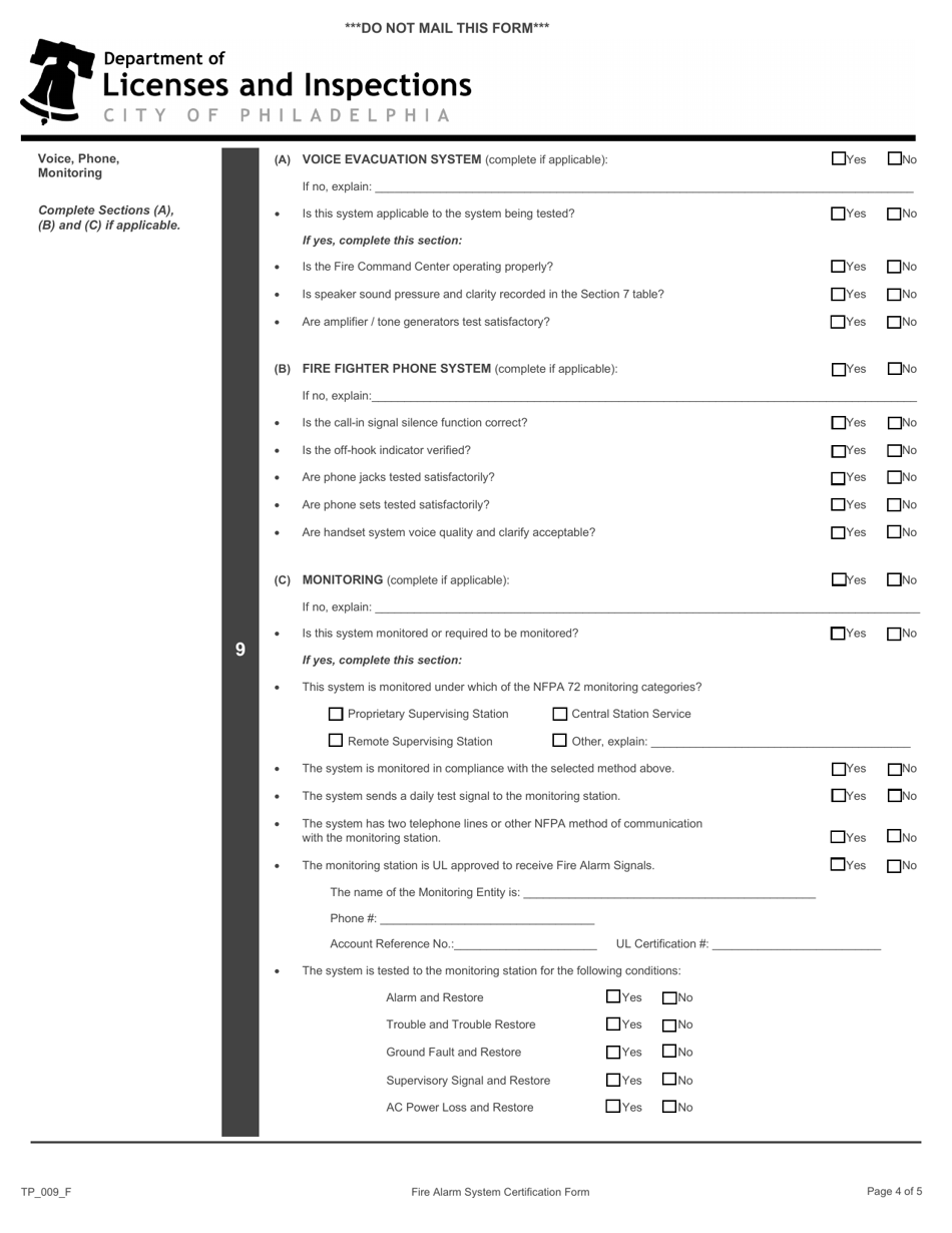 Form TP_009_F Fire Alarm System Certification Form - City of Philadelphia, Pennsylvania, Page 4