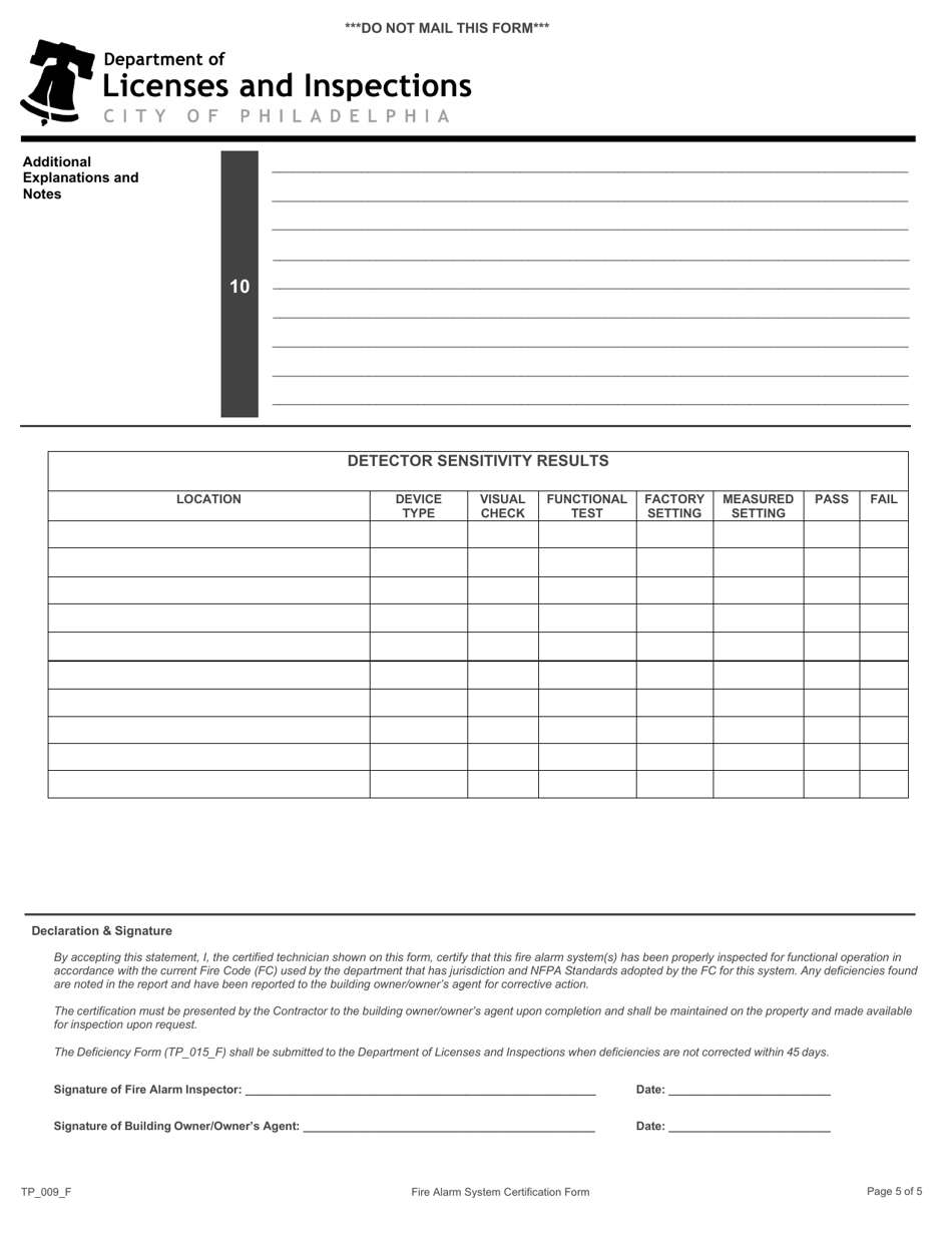 Form TP_009_F Fire Alarm System Certification Form - City of Philadelphia, Pennsylvania, Page 5