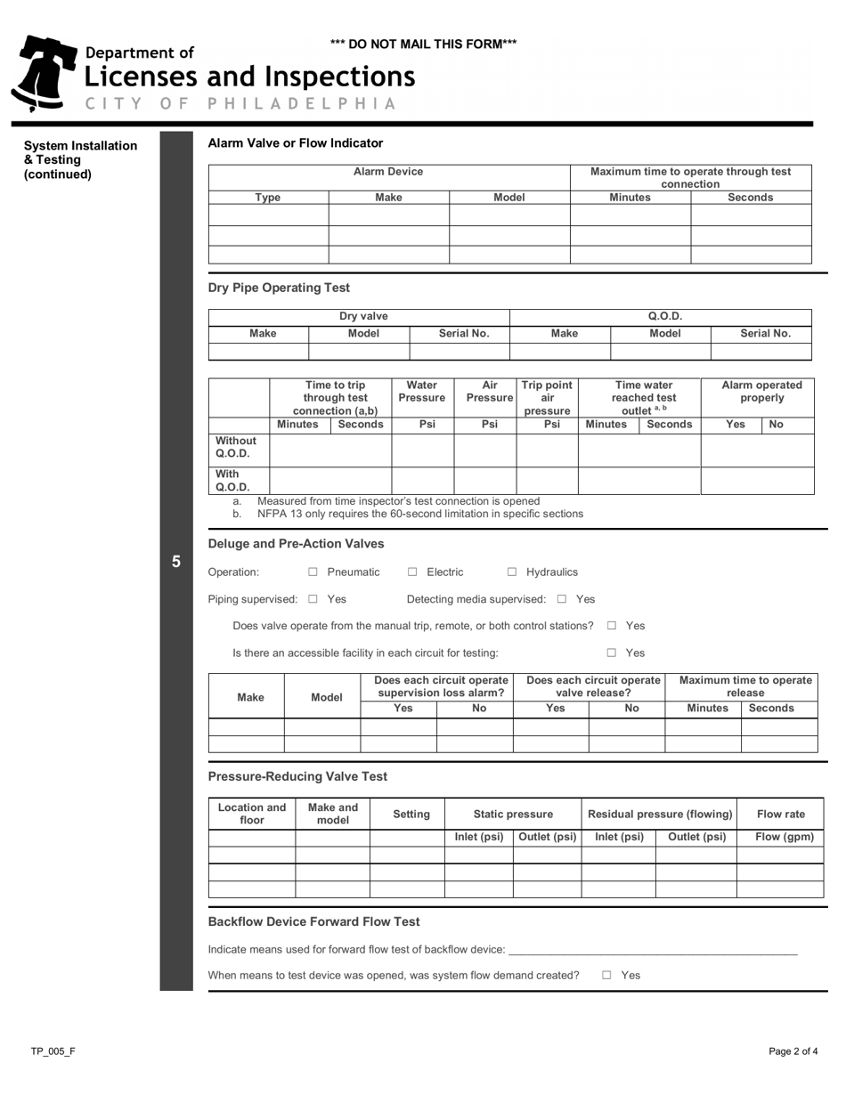 Form TP_005_F Contractors Material and Test Certificate for Aboveground Piping - City of Philadelphia, Pennsylvania, Page 2