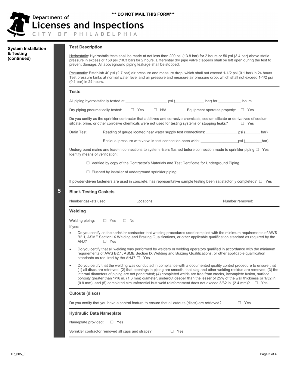 Form TP_005_F Contractors Material and Test Certificate for Aboveground Piping - City of Philadelphia, Pennsylvania, Page 3