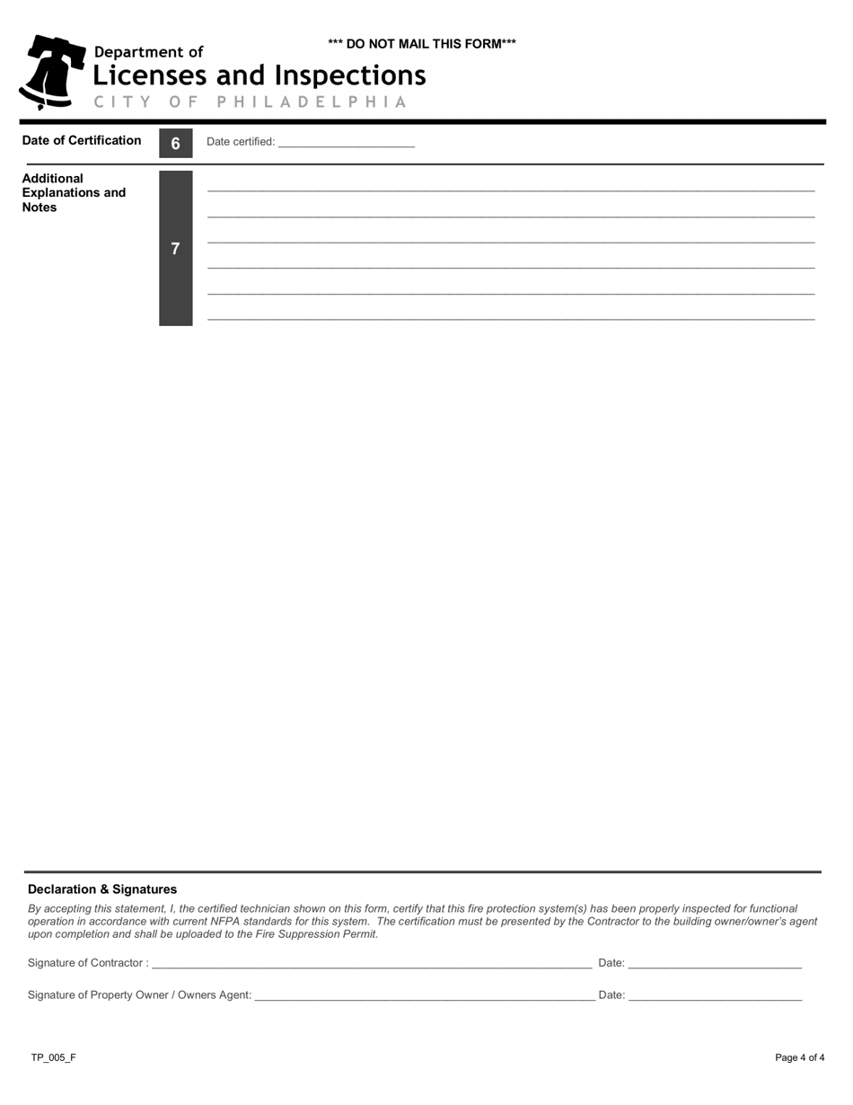 Form TP_005_F Contractors Material and Test Certificate for Aboveground Piping - City of Philadelphia, Pennsylvania, Page 4