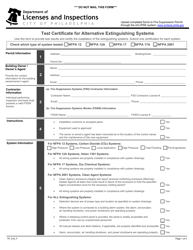 Form TP_016_F &quot;Test Certificate for Alternative Extinguishing Systems&quot; - City of Philadelphia, Pennsylvania