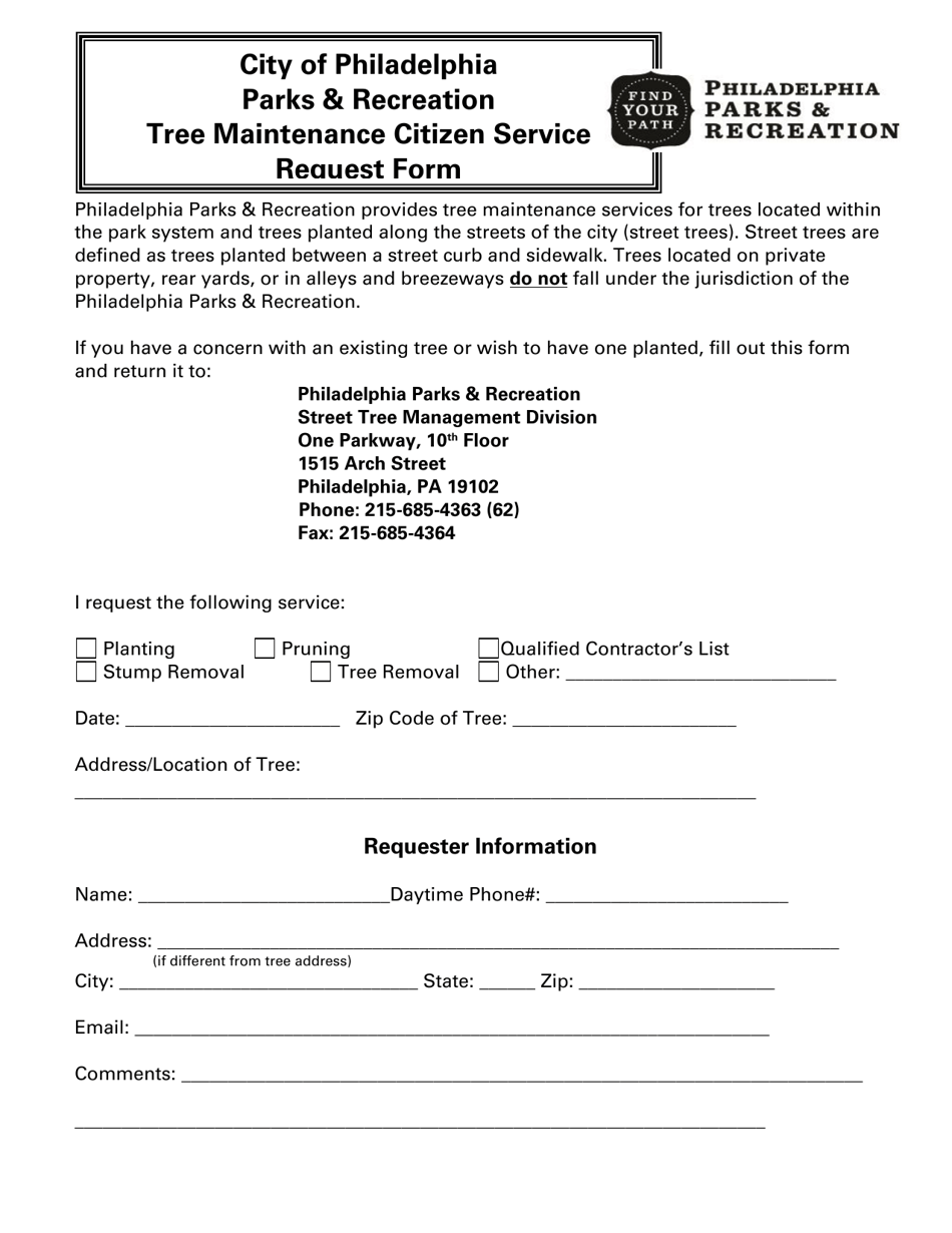 Tree Maintenance Citizen Service Request Form - City of Philadelphia, Pennsylvania, Page 1