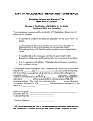 Document preview: Taxpayer's Certification of Eligibility for the Credit (Applicants 2016 and Thereafter) - Green Roof Tax Credit - City of Philadelphia, Pennsylvania