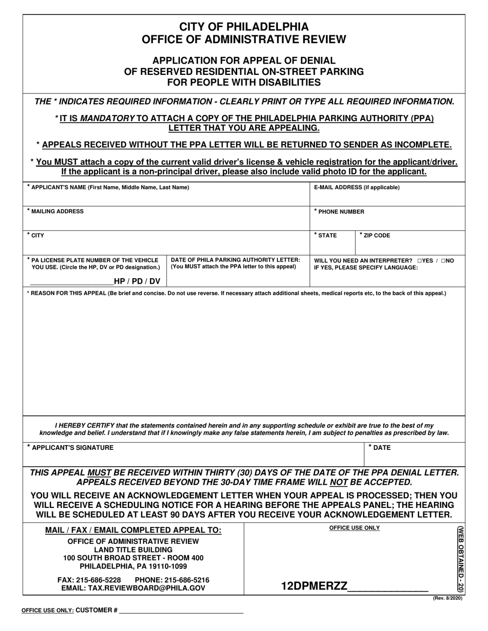 Application for Appeal of Denial of Reserved Residential on-Street Parking for People With Disabilities - City of Philadelphia, Pennsylvania, Page 1