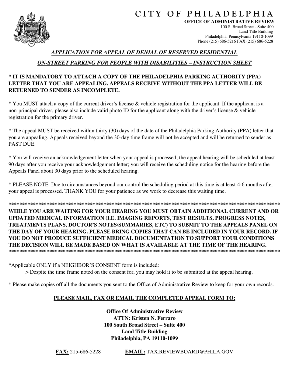 Application for Appeal of Denial of Reserved Residential on-Street Parking for People With Disabilities - City of Philadelphia, Pennsylvania, Page 2