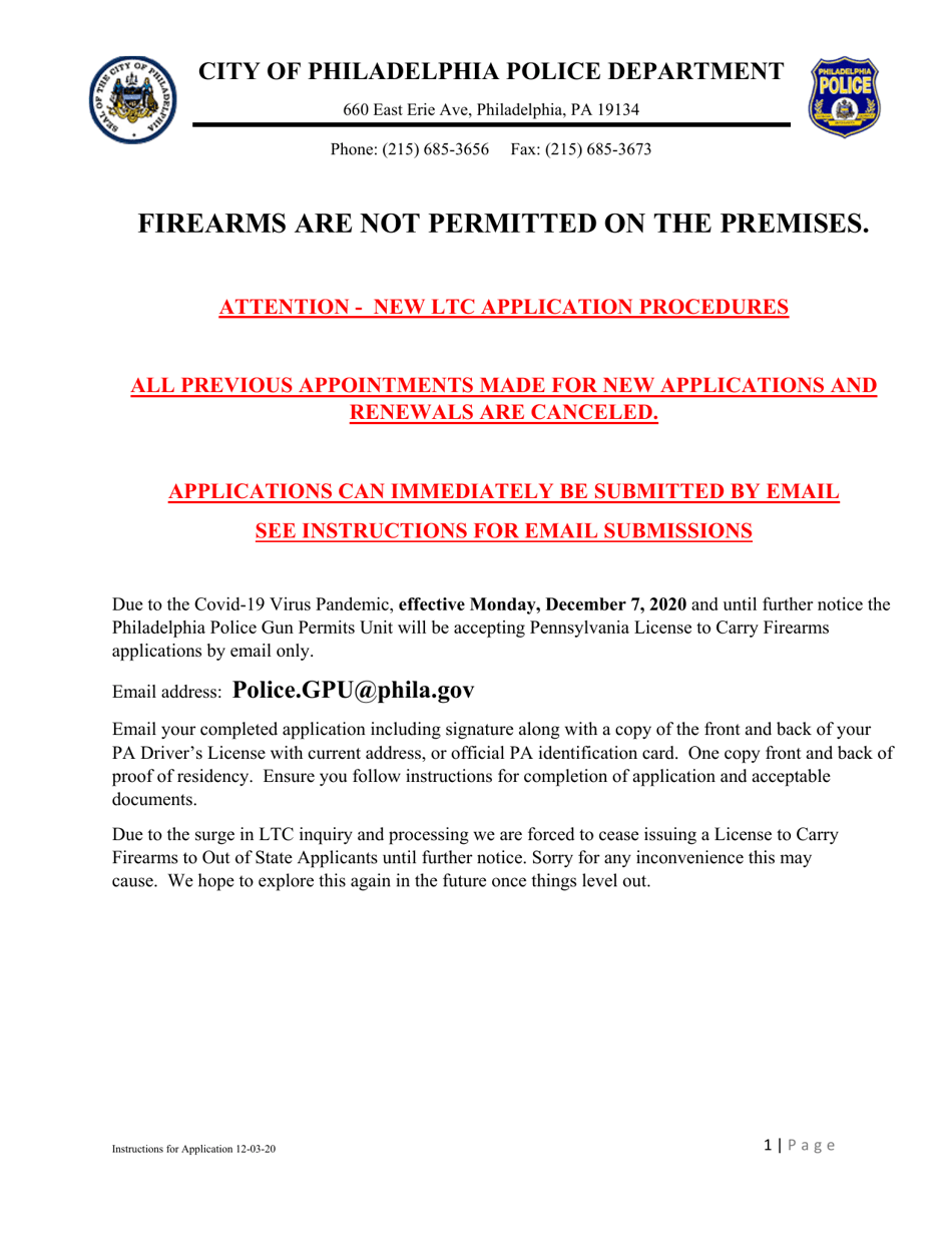 Form SP4-127 Application for a Pennsylvania License to Carry Firearms - City of Philadelphia, Pennsylvania, Page 1