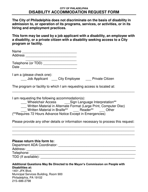 Disability Accommodation Request Form - City of Philadelphia, Pennsylvania Download Pdf