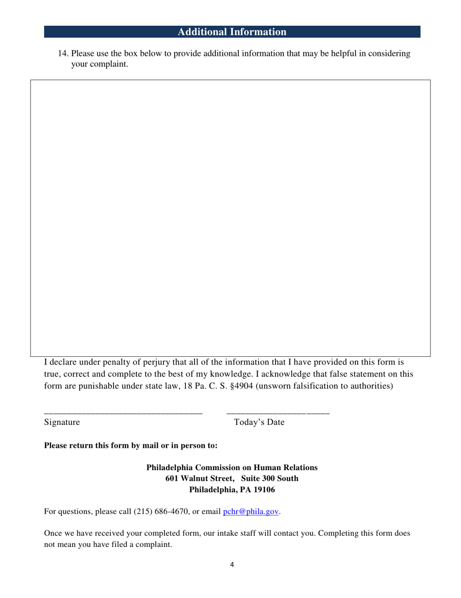 Fair Chance Hiring (Ban the Box) Intake Form - City of Philadelphia, Pennsylvania, Page 4