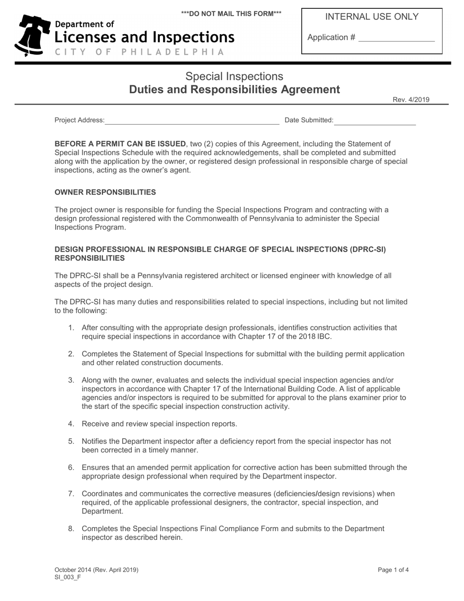 Form SI_003_F Special Inspections Duties and Responsibilities Agreement - City of Philadelphia, Pennsylvania, Page 1
