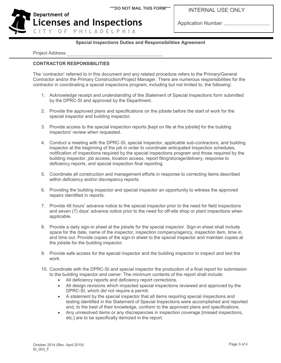 Form SI_003_F Special Inspections Duties and Responsibilities Agreement - City of Philadelphia, Pennsylvania, Page 3