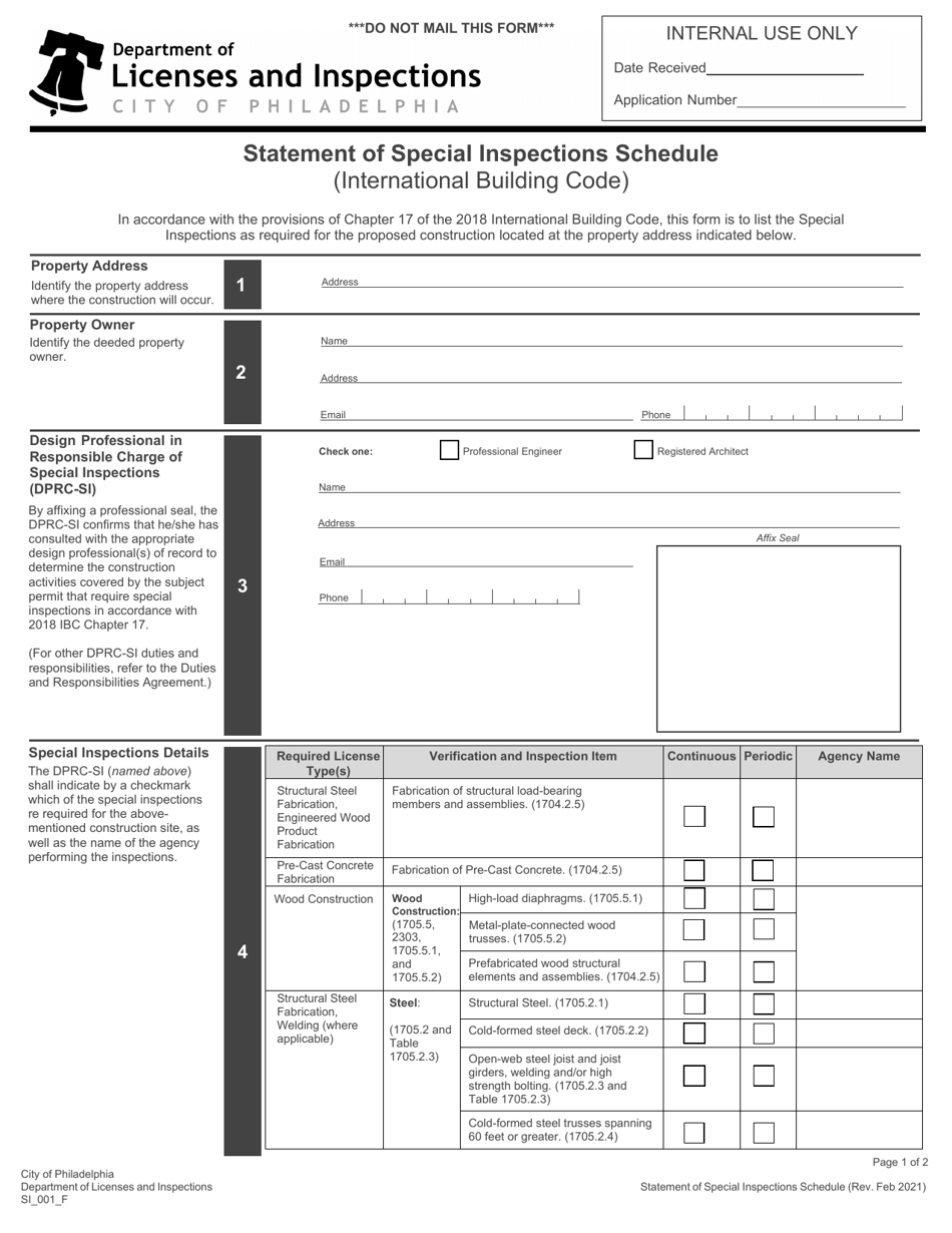 Form SI_001_F Statement of Special Inspections Schedule - City of Philadelphia, Pennsylvania, Page 1