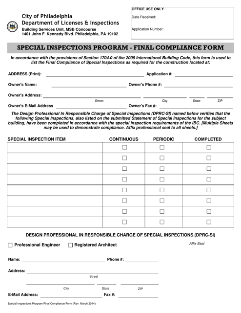 Special Inspections Final Compliance Form - 2009 Ibc - City of Philadelphia, Pennsylvania Download Pdf