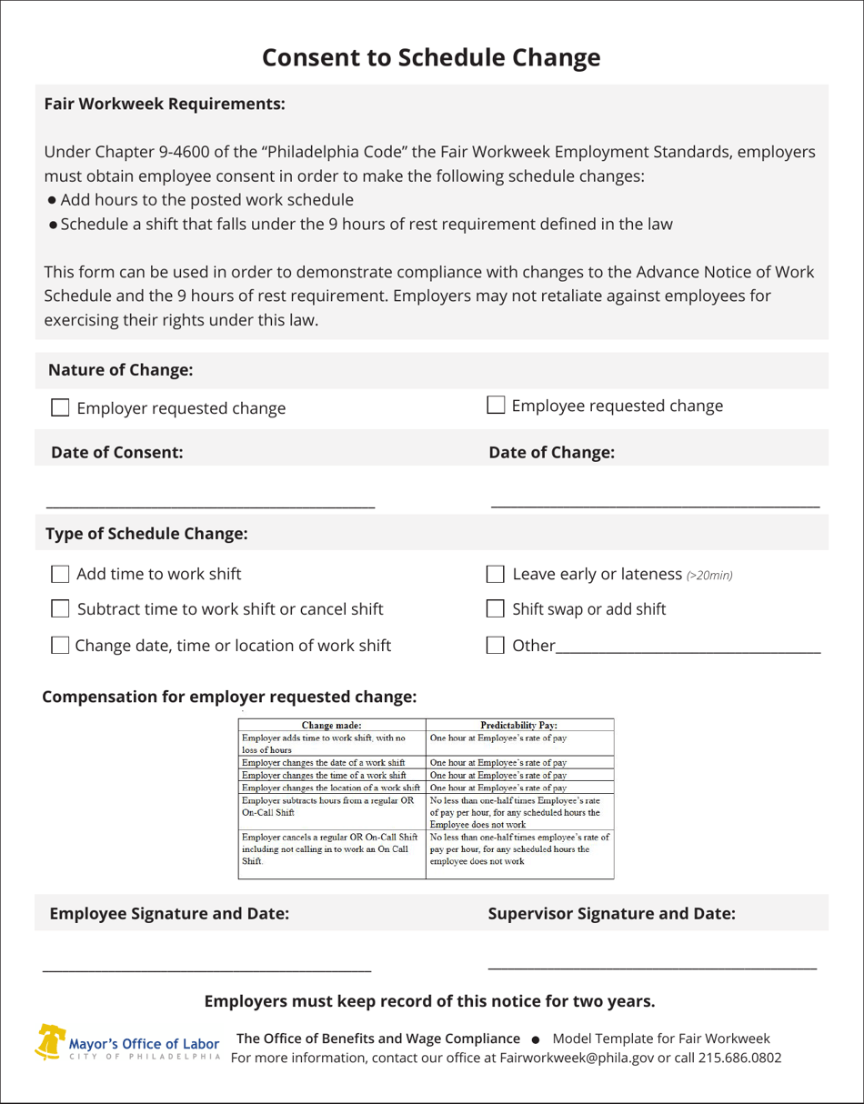 Consent to Schedule Change - City of Philadelphia, Pennsylvania, Page 1