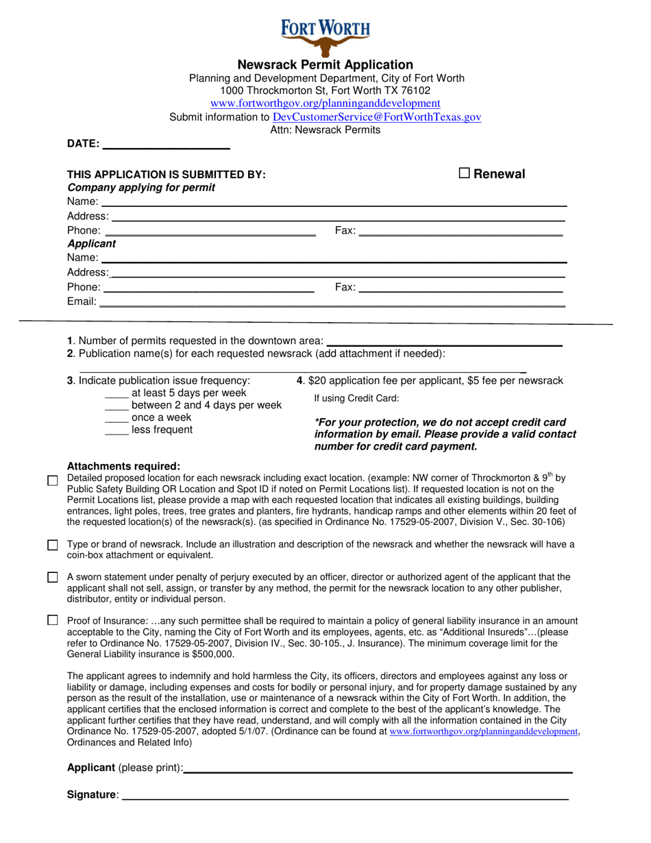 City of Fort Worth, Texas Newsrack Permit Application Fill Out, Sign
