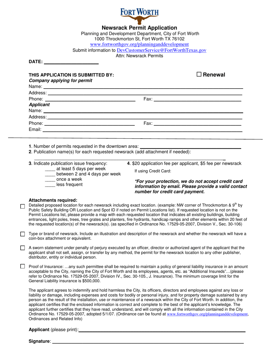 Newsrack Permit Application - City of Fort Worth, Texas, Page 1