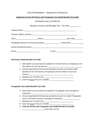 Document preview: Application for the Life Partner and Transgender Care Health Benefits Tax Credits - City of Philadelphia, Pennsylvania