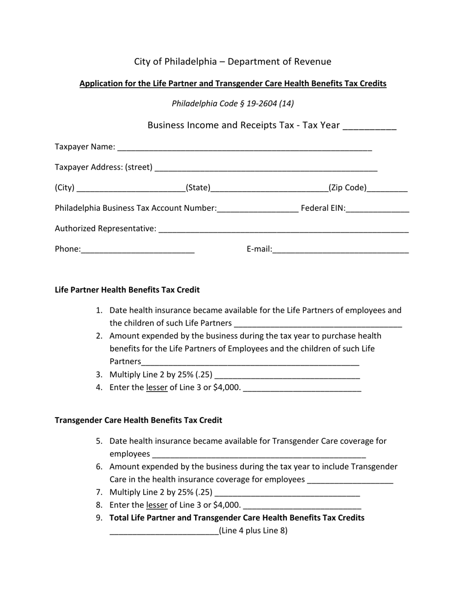 Application for the Life Partner and Transgender Care Health Benefits Tax Credits - City of Philadelphia, Pennsylvania, Page 1