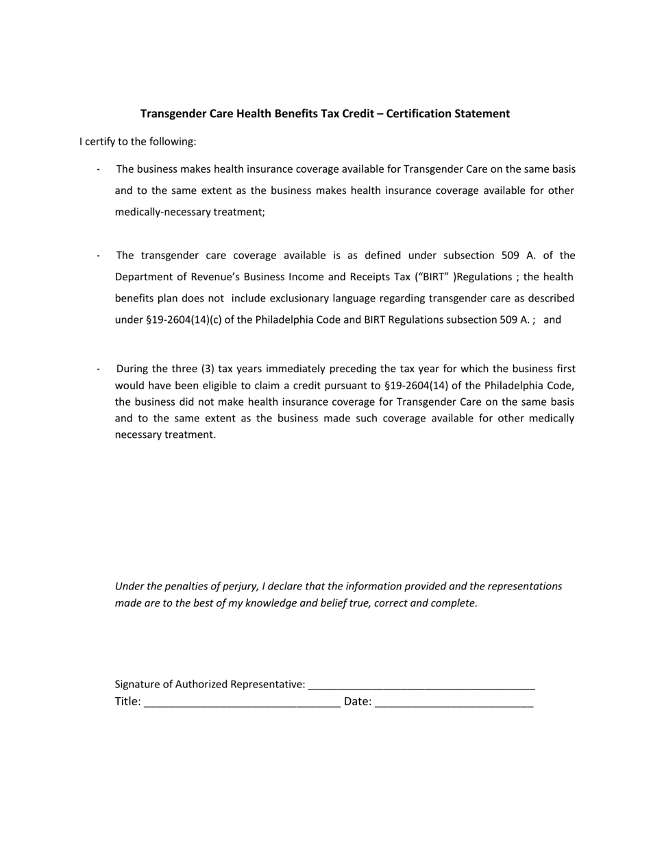 Application for the Life Partner and Transgender Care Health Benefits Tax Credits - City of Philadelphia, Pennsylvania, Page 3