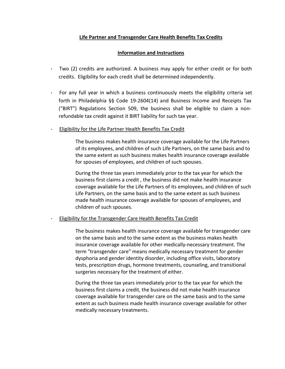 Application for the Life Partner and Transgender Care Health Benefits Tax Credits - City of Philadelphia, Pennsylvania, Page 4