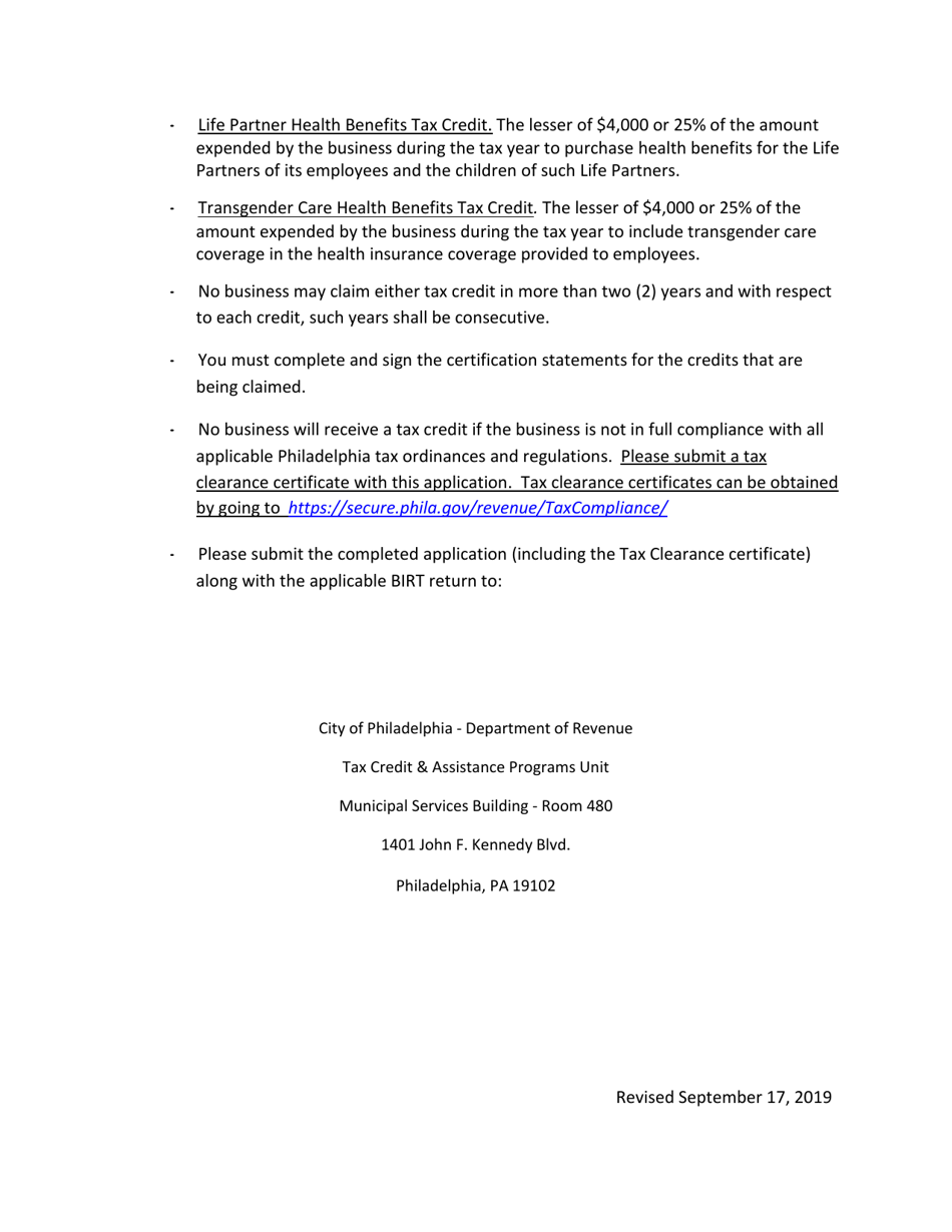 Application for the Life Partner and Transgender Care Health Benefits Tax Credits - City of Philadelphia, Pennsylvania, Page 5