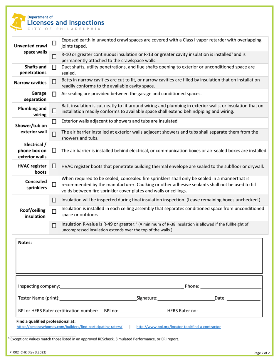Form P_002_CHK Air Barrier  Insulation Installation Checklist - City of Philadelphia, Pennsylvania, Page 2