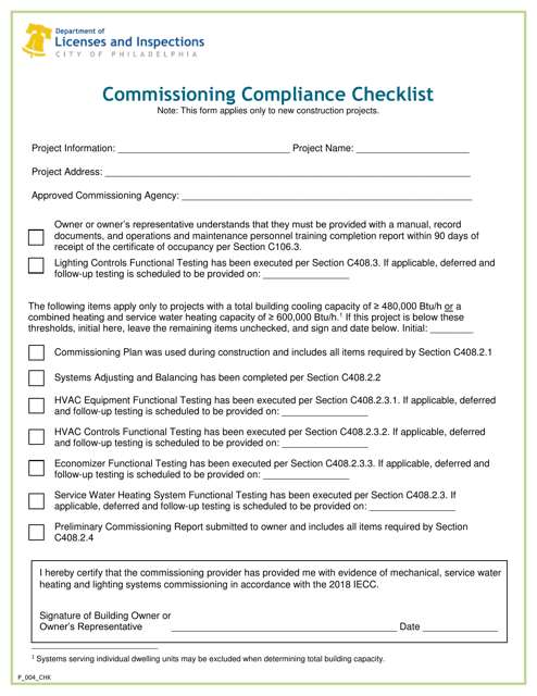 Form P_004_CHK Commissioning Compliance Checklist - City of Philadelphia, Pennsylvania