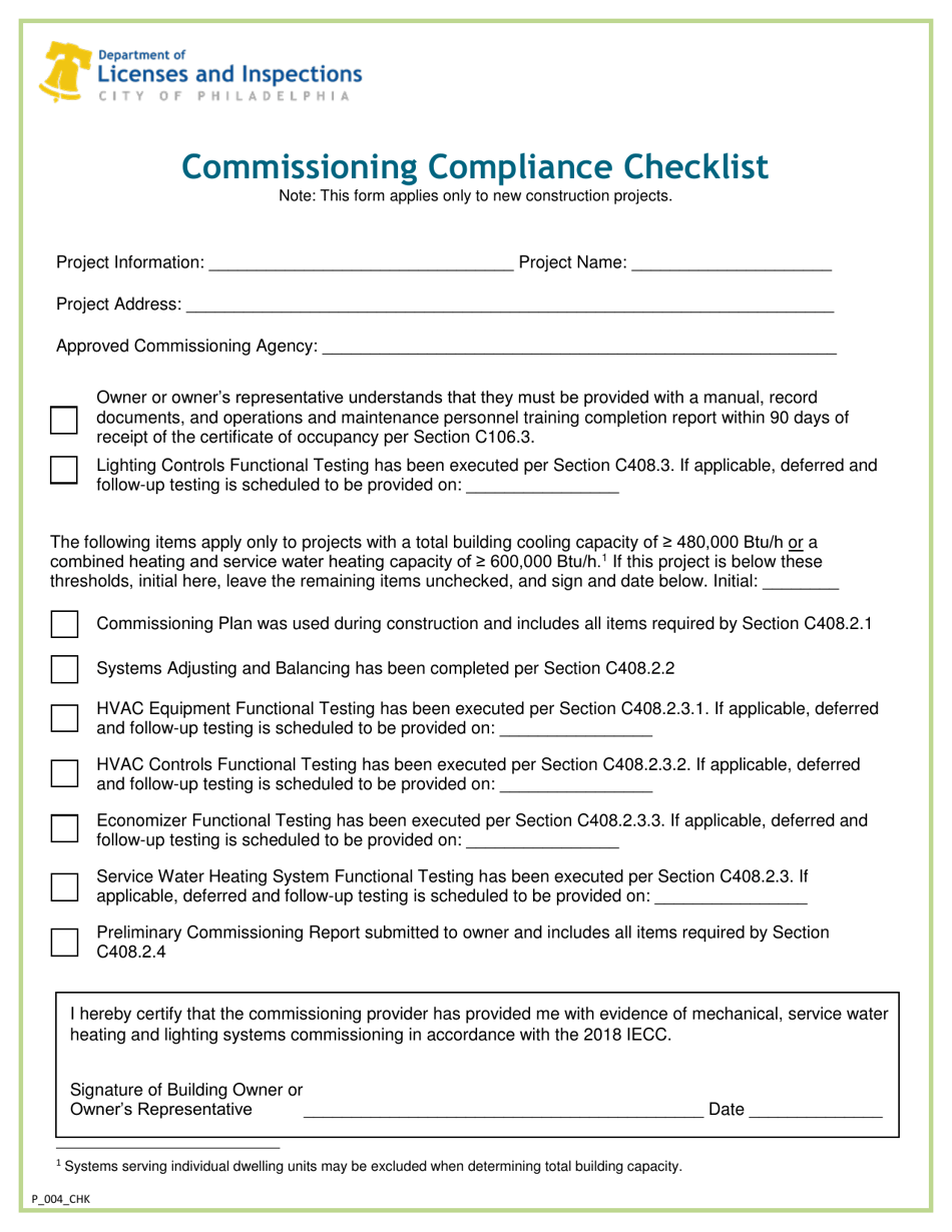 Form P_004_CHK Commissioning Compliance Checklist - City of Philadelphia, Pennsylvania, Page 1