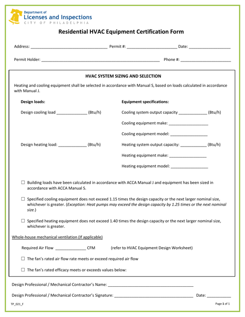 Form TP_021_F Residential HVAC Equipment Certification Form - City of Philadelphia, Pennsylvania