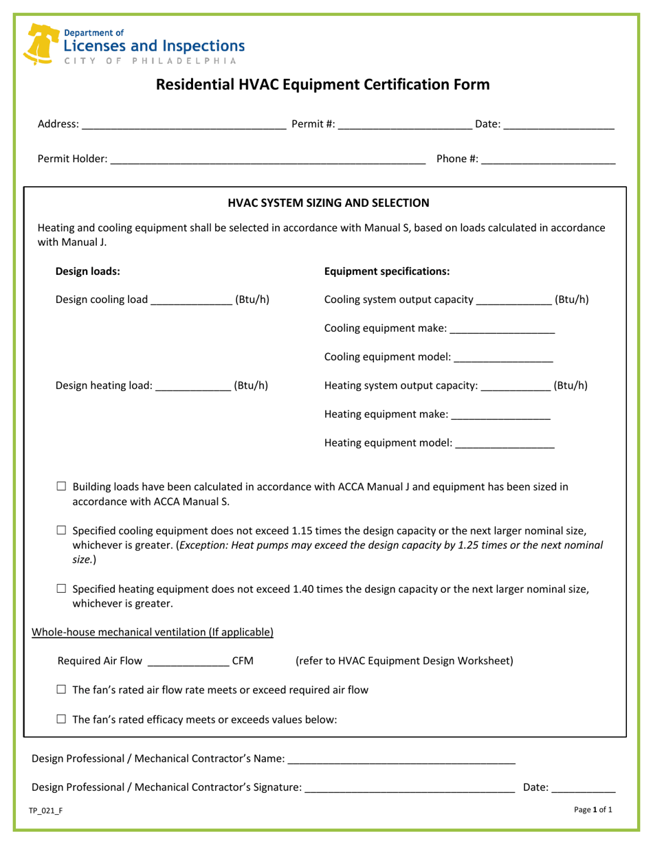 Form TP_021_F Residential HVAC Equipment Certification Form - City of Philadelphia, Pennsylvania, Page 1