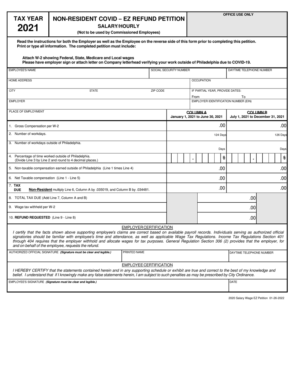 Non-resident Covid - Ez Refund Petition - Salary / Hourly - City of Philadelphia, Pennsylvania, Page 1