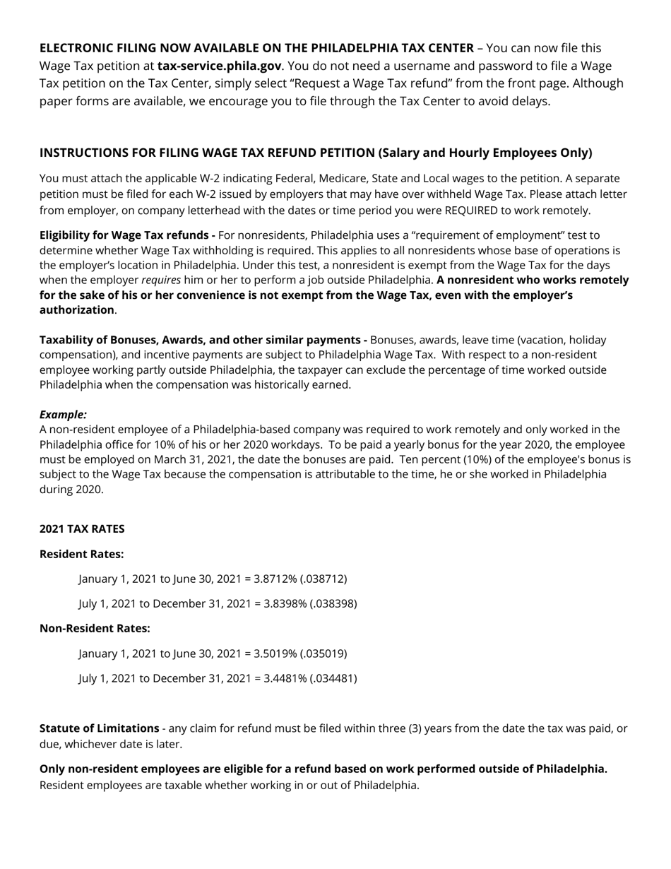 Non-resident Covid - Ez Refund Petition - Salary / Hourly - City of Philadelphia, Pennsylvania, Page 2
