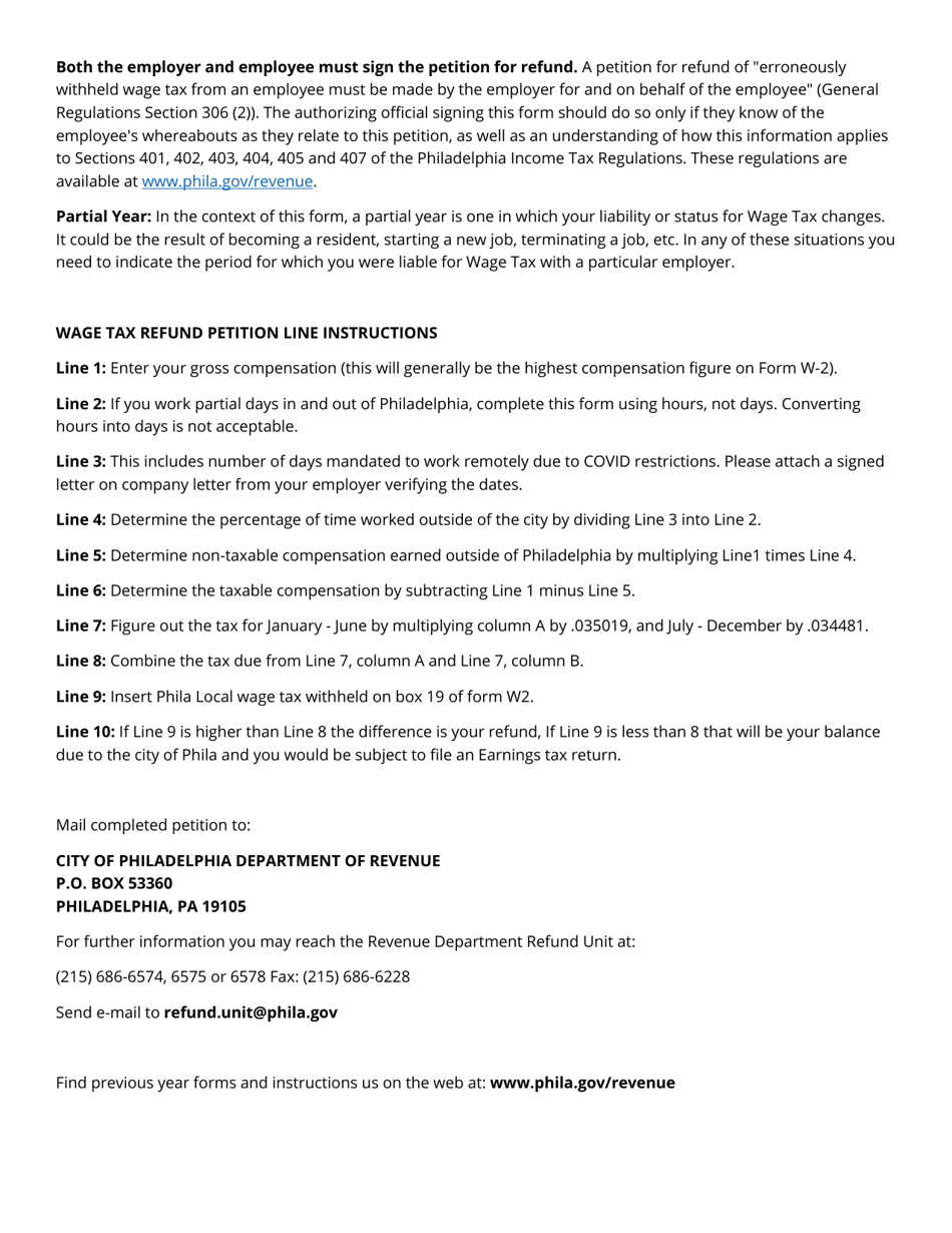 Non-resident Covid - Ez Refund Petition - Salary / Hourly - City of Philadelphia, Pennsylvania, Page 3