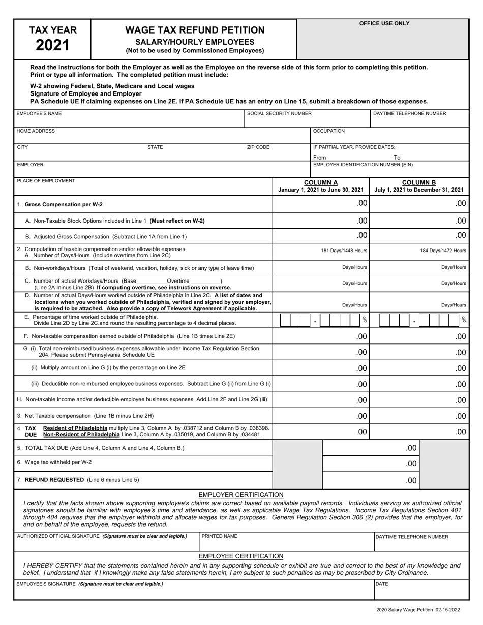 Wage Tax Refund Petition (Salary / Hourly Employees) - City of Philadelphia, Pennsylvania, Page 1